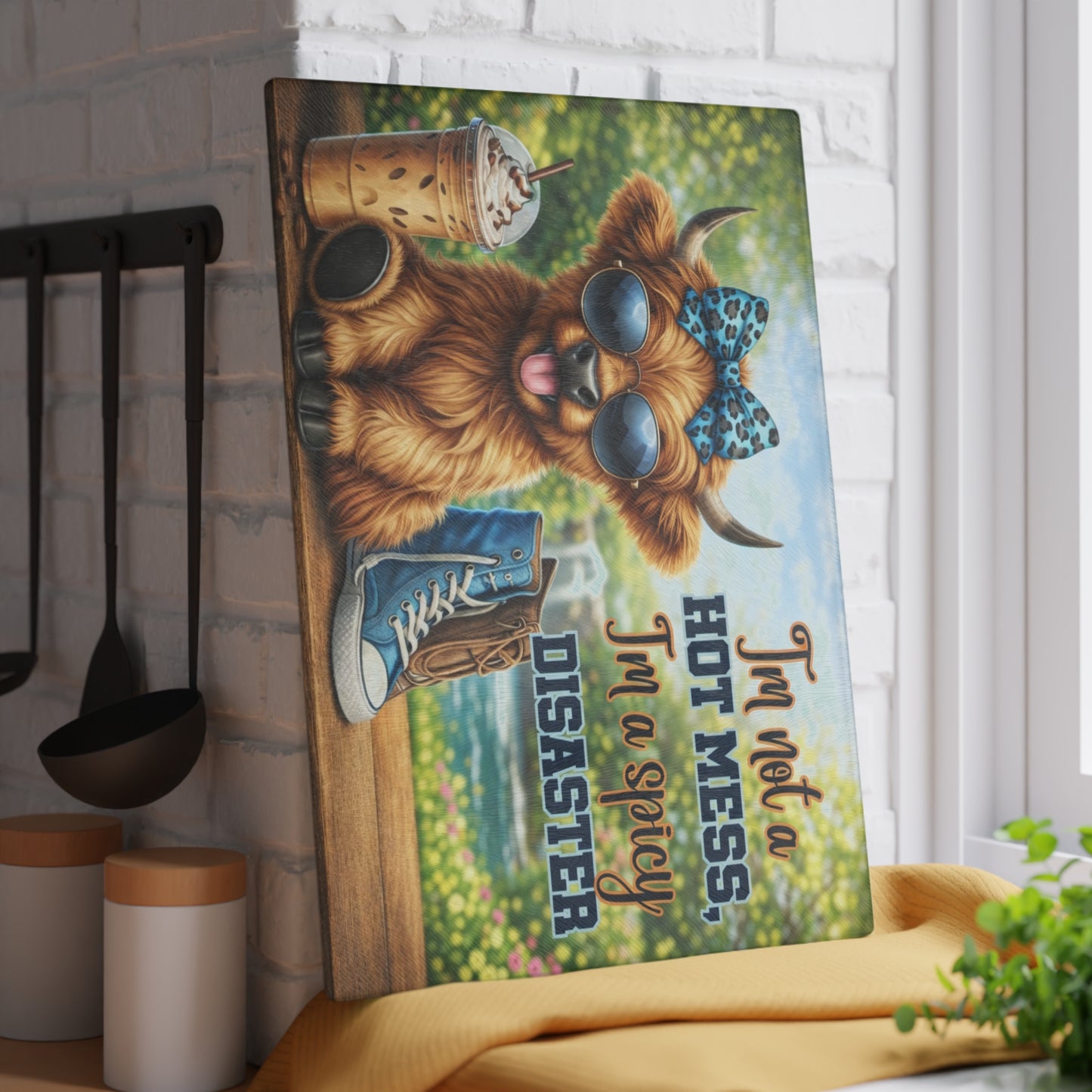 I’m Not a Hot Mess, I’m a Spicy Disaster Glass Cutting Board – Sassy Highland Cow Kitchen Artwork