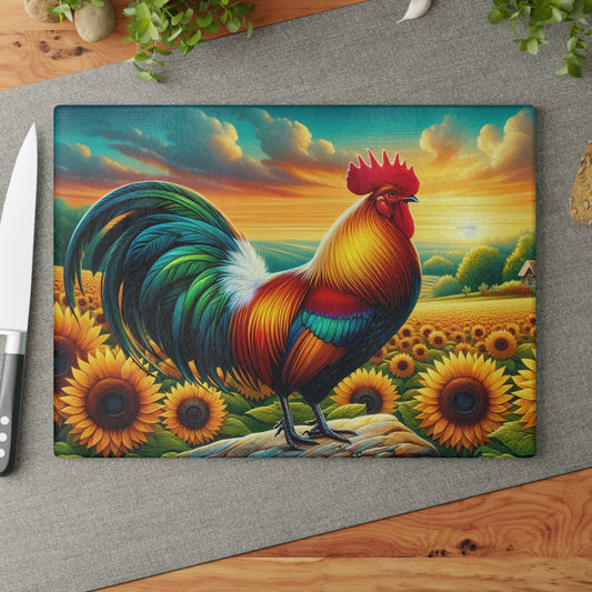 🐓🌻 Gallo sobre una tabla de cortar de vidrio de roca: un audaz encanto de granja en un campo de girasoles 🌾🌞