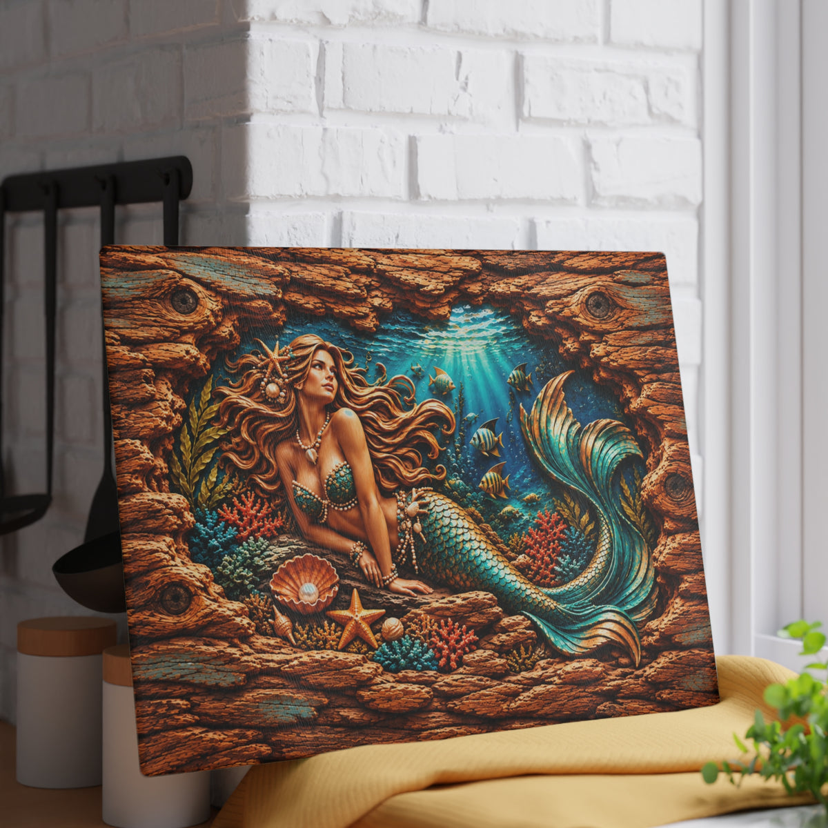 Enchanted Mermaid Glass Cutting Board – Turquoise Tail, Ocean Coral & Rustic 3D Wood Look