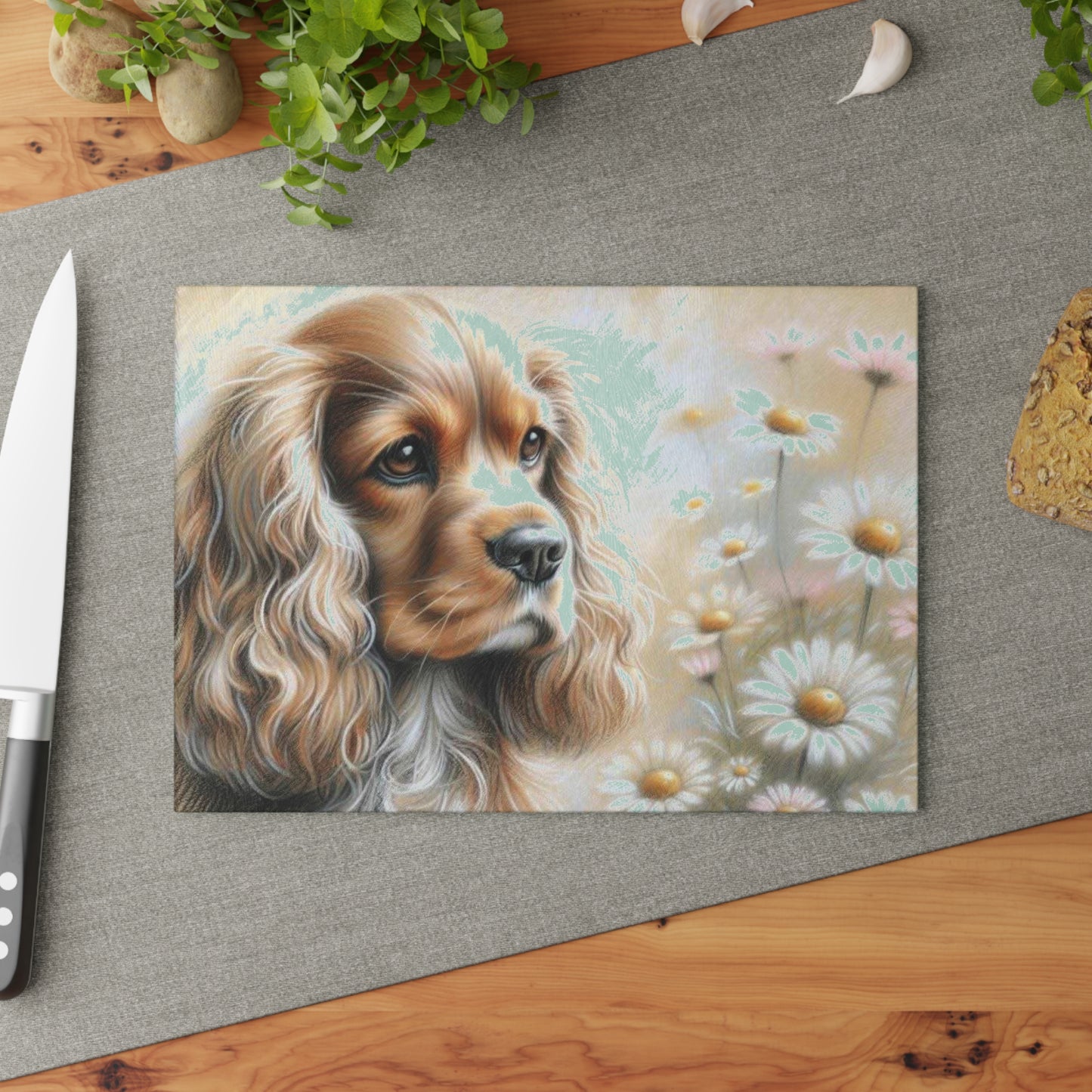 🌼 Golden Cocker Spaniel Cutting Board – Sweet Gaze & Daisy Daydreams for Your Kitchen