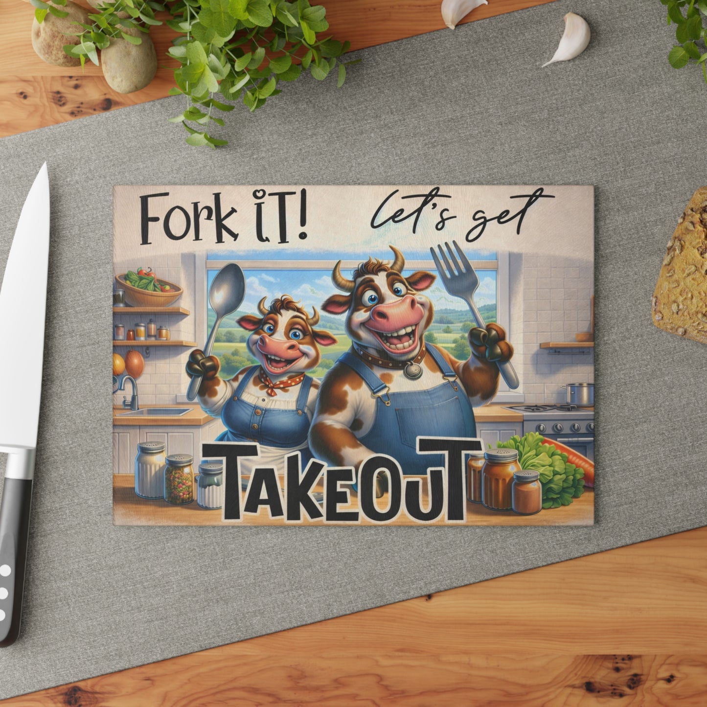 Fork It! Takeout Glass Cutting Board – Playful Cow Kitchen Art with Farmhouse Humor