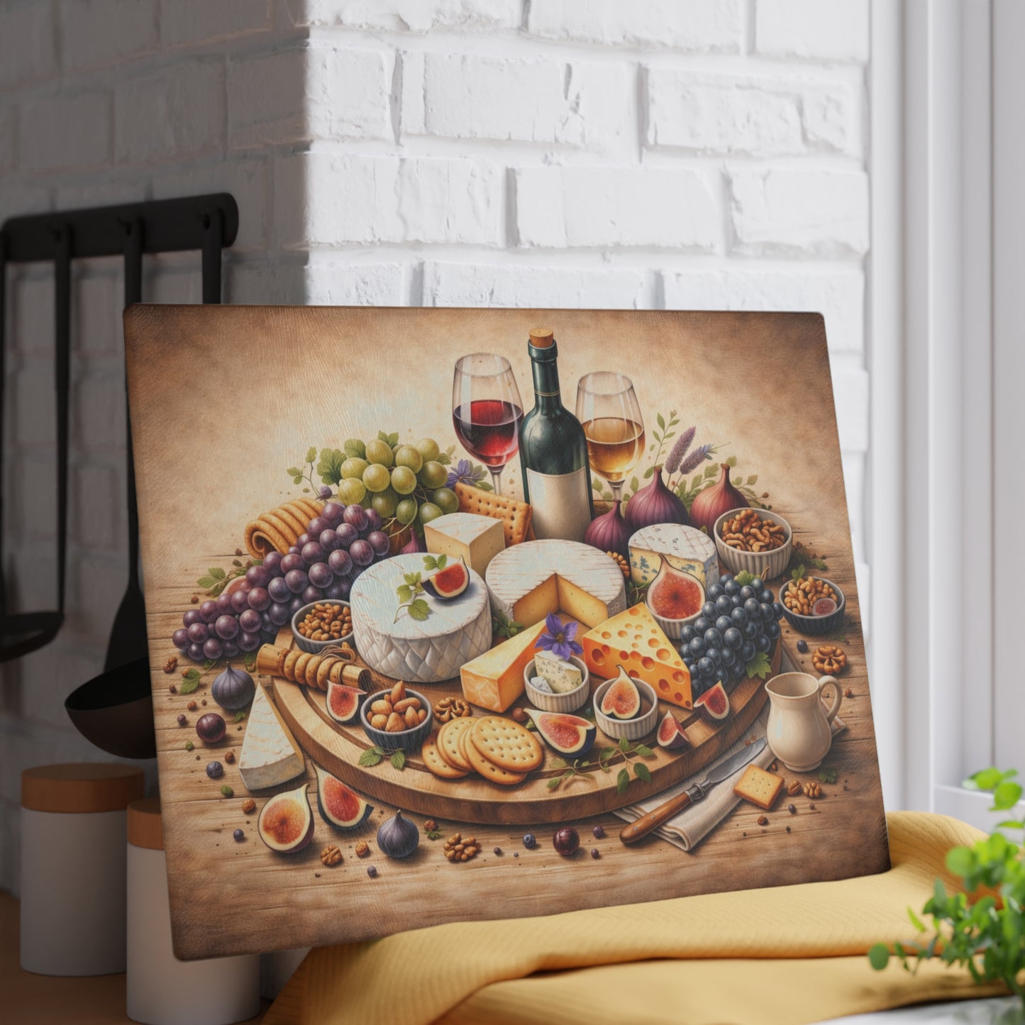 Artisan Cheese & Wine Still Life Glass Cutting Board – Elegant Entertaining Kitchen Décor