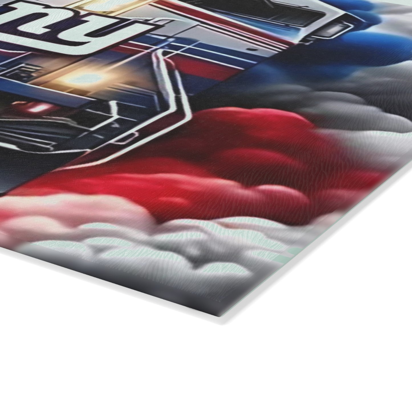 Royal Blue & Red Express Glass Cutting Board – Striking Train Design for Bold Kitchens