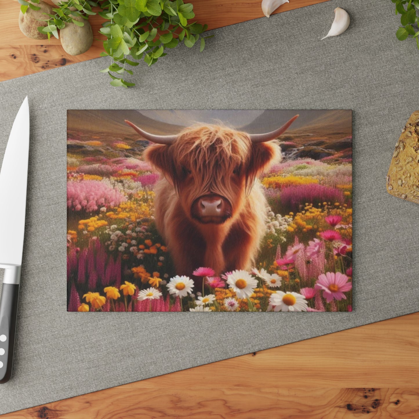🐮 Highland Cow in a Field of Flowers – Rustic Floral Glass Cutting Board