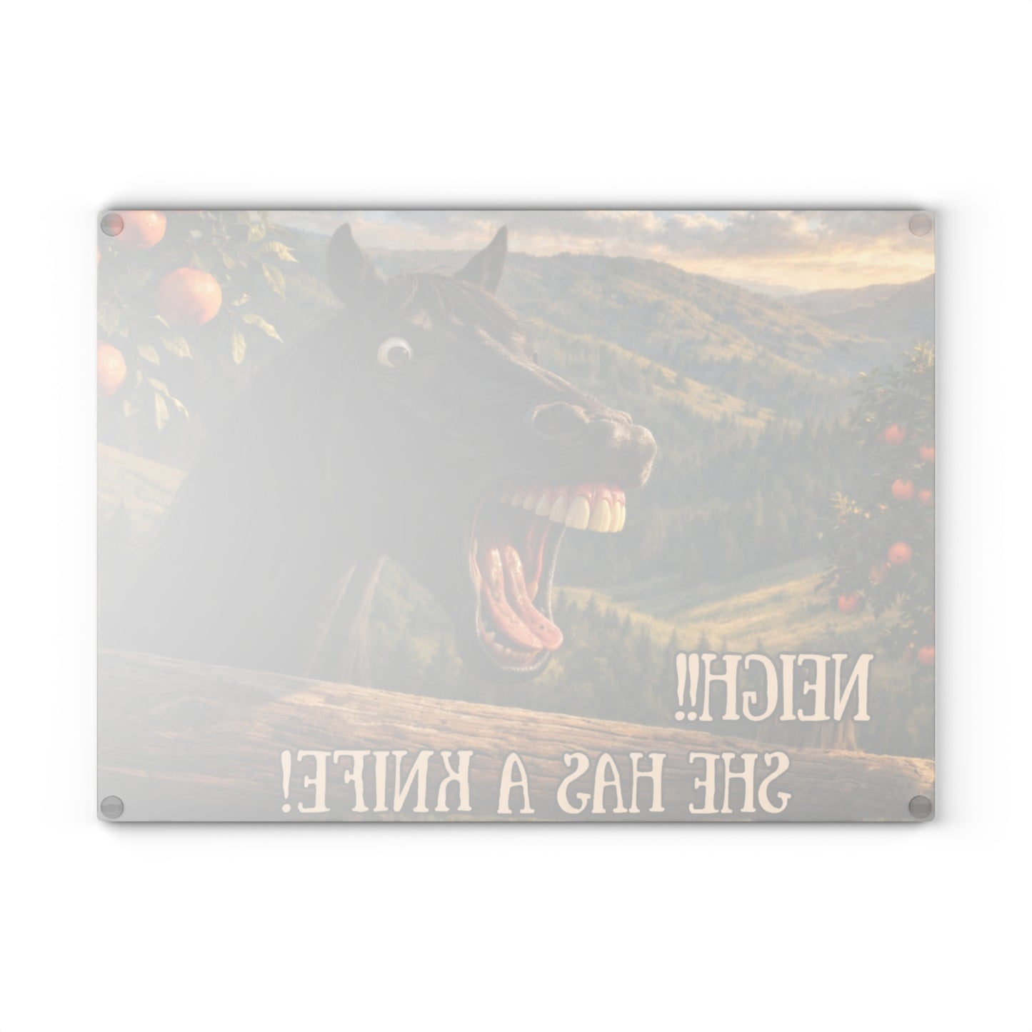 Funny Horse Neigh She Has a Knife Glass Cutting Board – Humorous Farmhouse Horse Lover Kitchen Decor
