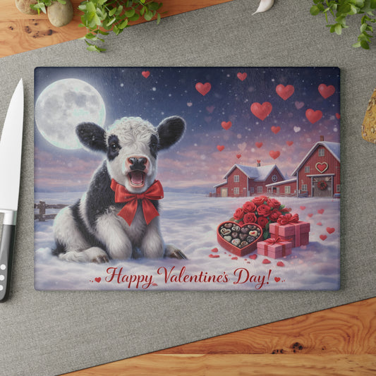 Valentine Calf Moonlight Farm Glass Cutting Board – Cozy Winter Farm Love Scene Kitchen Accent