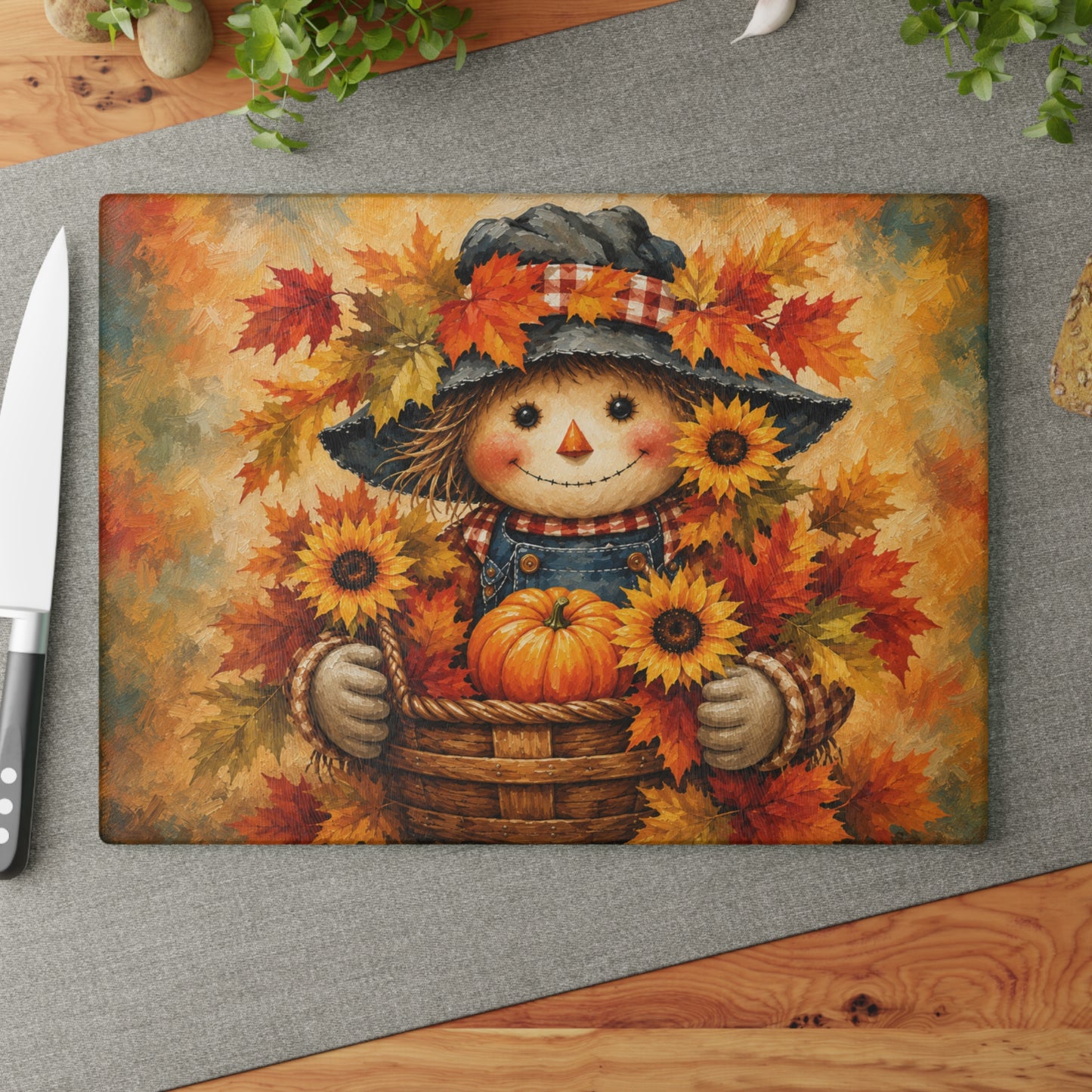Autumn Scarecrow Glass Cutting Board – Sunflower Pumpkin Fall Kitchen Decor