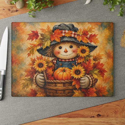 Autumn Scarecrow Glass Cutting Board – Sunflower Pumpkin Fall Kitchen Decor