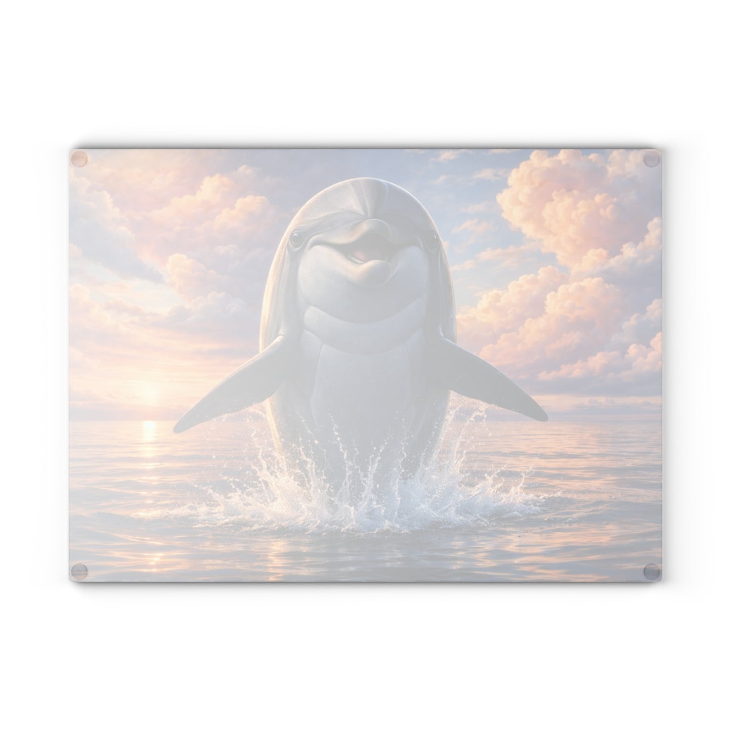 Joyful Dolphin Sunrise Glass Cutting Board – Uplifting Ocean Artwork