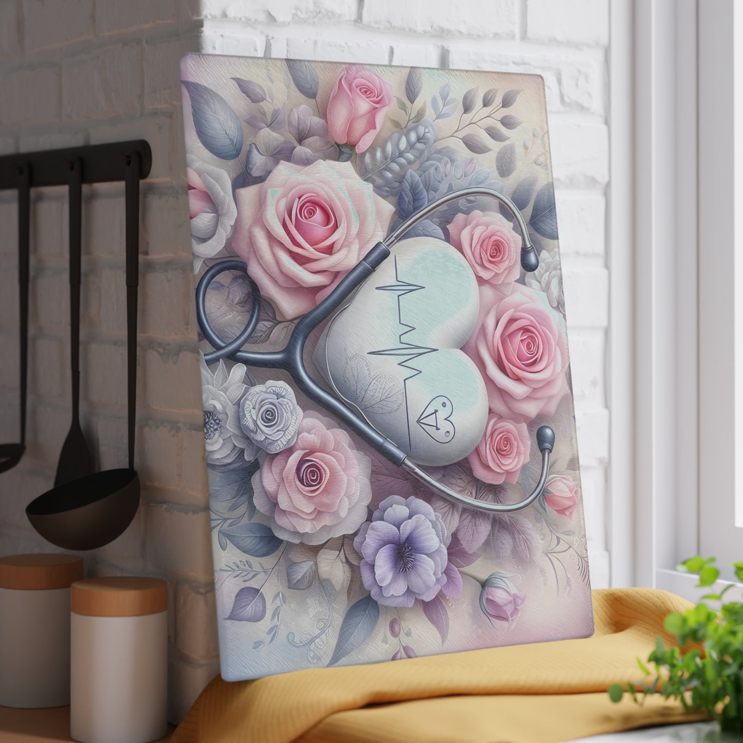Nurse Heartbeat Floral Cutting Board – Elegant Medical-Inspired Kitchen Décor