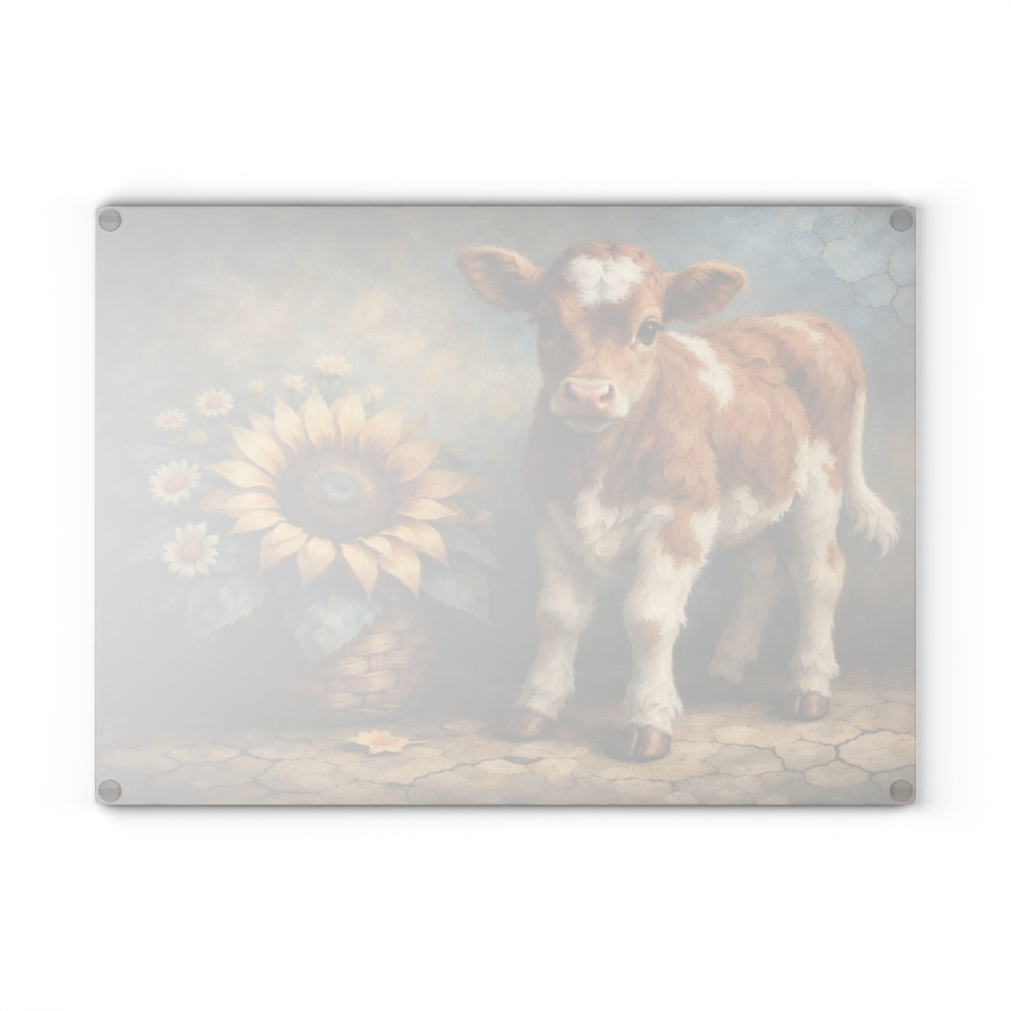 Sunflower Calf Glass Cutting Board – Rustic Farmhouse Kitchen Decor