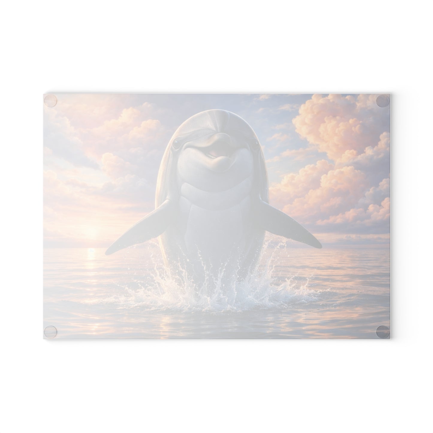 Joyful Dolphin Sunrise Glass Cutting Board – Uplifting Ocean Artwork