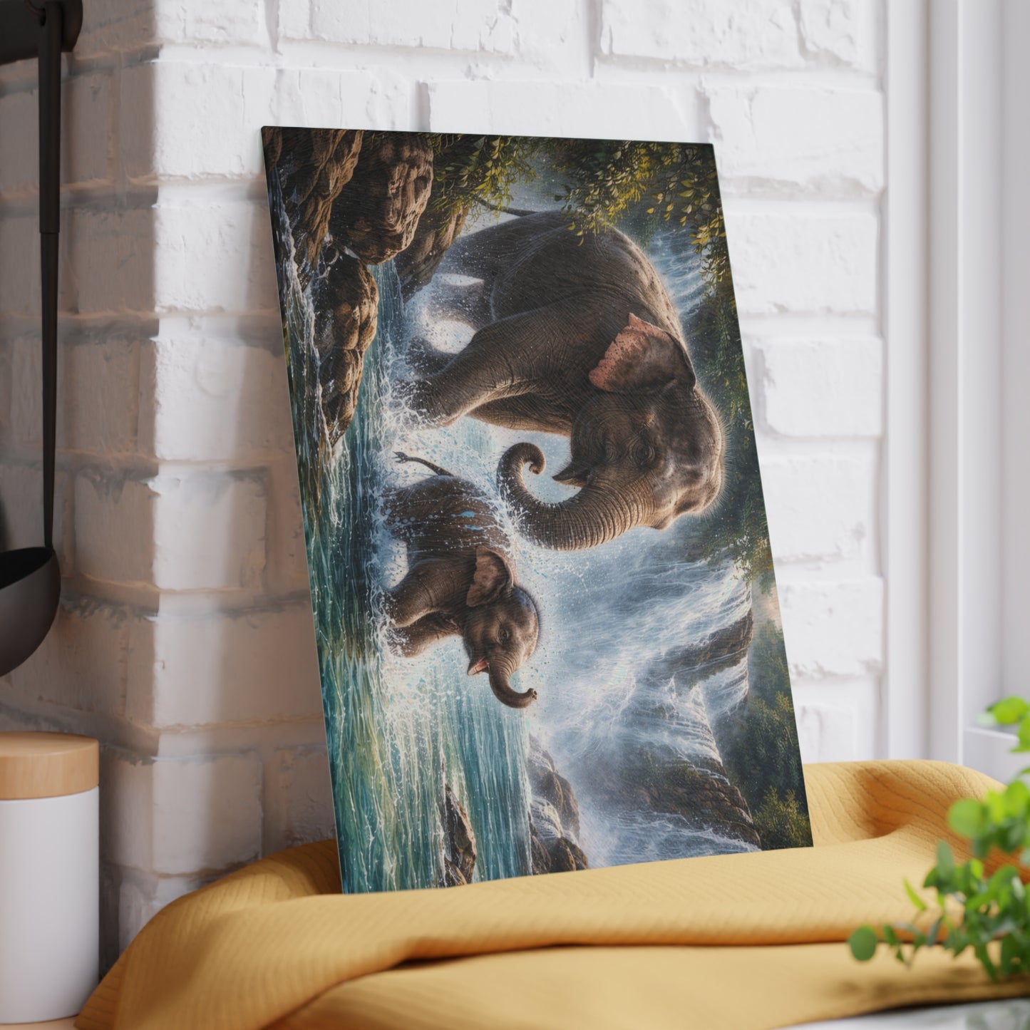 Elephant Waterfall Adventure Glass Cutting Board – Playful Wildlife Nature Kitchen Art