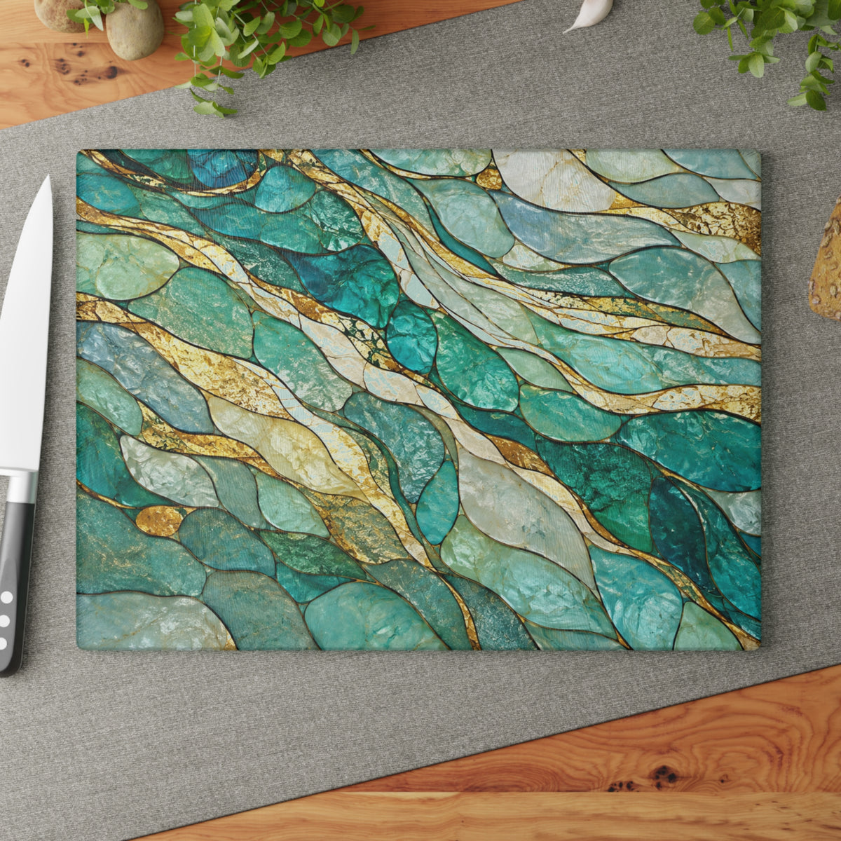 Aqua & Gold Stained-Glass-Inspired Glass Cutting Board – Abstract Kitchen Decor