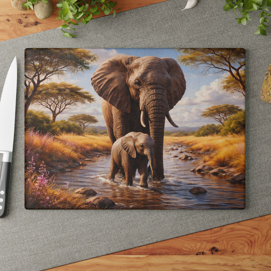 Mother & Baby Elephant Glass Cutting Board – African Safari Wildlife Kitchen Art