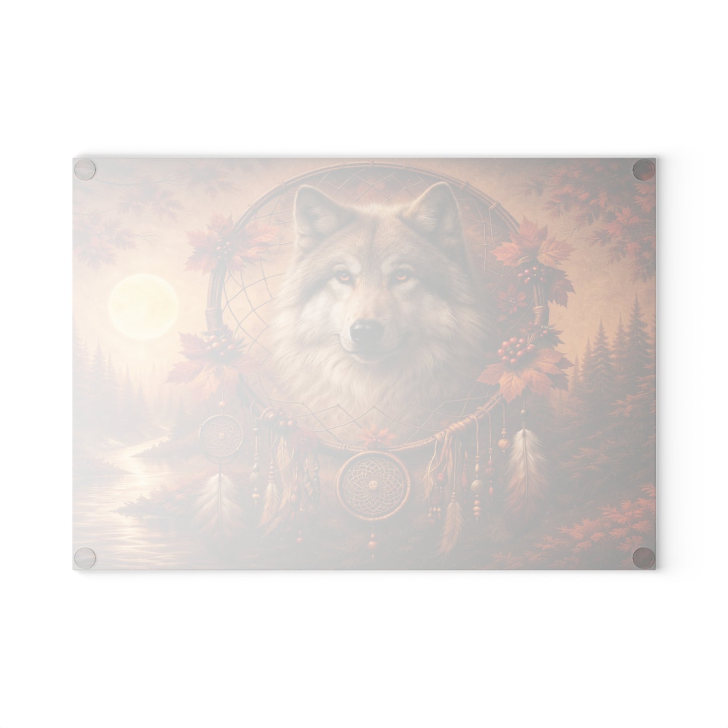 Autumn Wolf Dreamcatcher Glass Cutting Board – Rustic Woodland Wildlife Kitchen Art