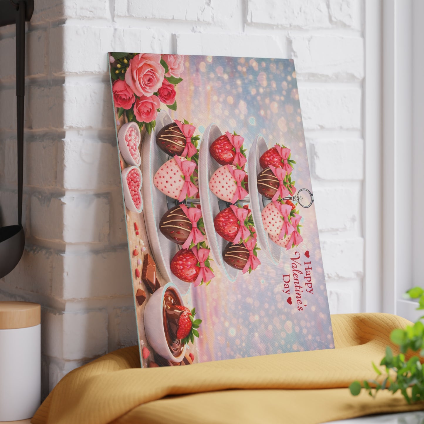 Chocolate-Covered Strawberry Valentine Glass Cutting Board – Romantic Dessert Display & Kitchen Accent