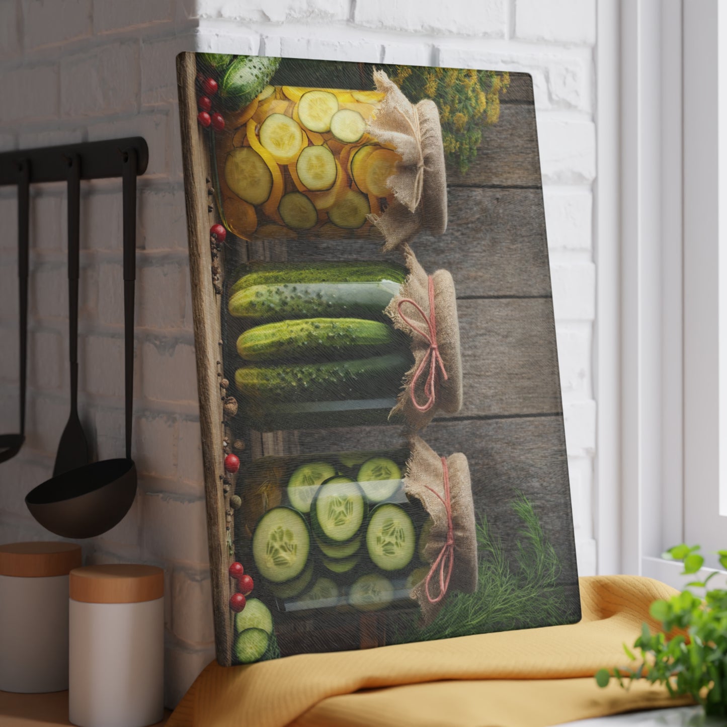 Rustic Pickle Jar Glass Cutting Board – Farmhouse Kitchen Food Art Display