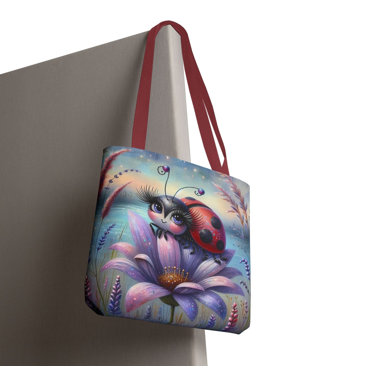 🐞 Mariquita sobre una flor junto al lago – Bolsa de tela inspirada en la naturaleza