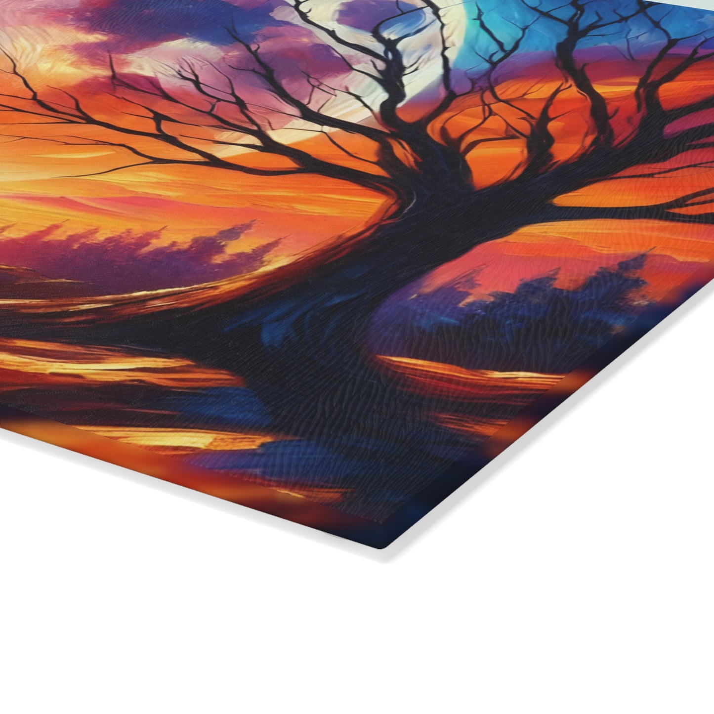 🌙🔥 Celestial Sunset Glow Cutting Board – Vibrant Sky & Tree Reflection Art 🔥🌙