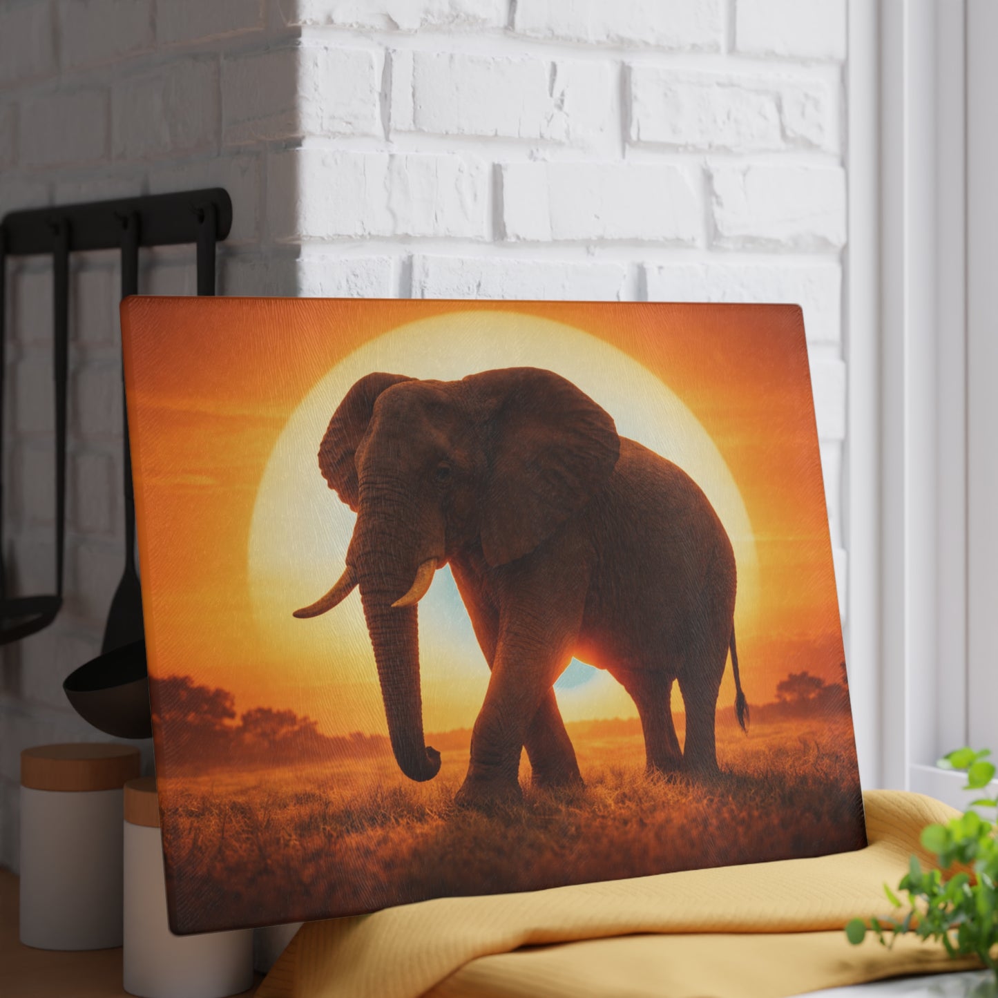 Golden Sunset Elephant Glass Cutting Board – Majestic Safari Wildlife Kitchen Art