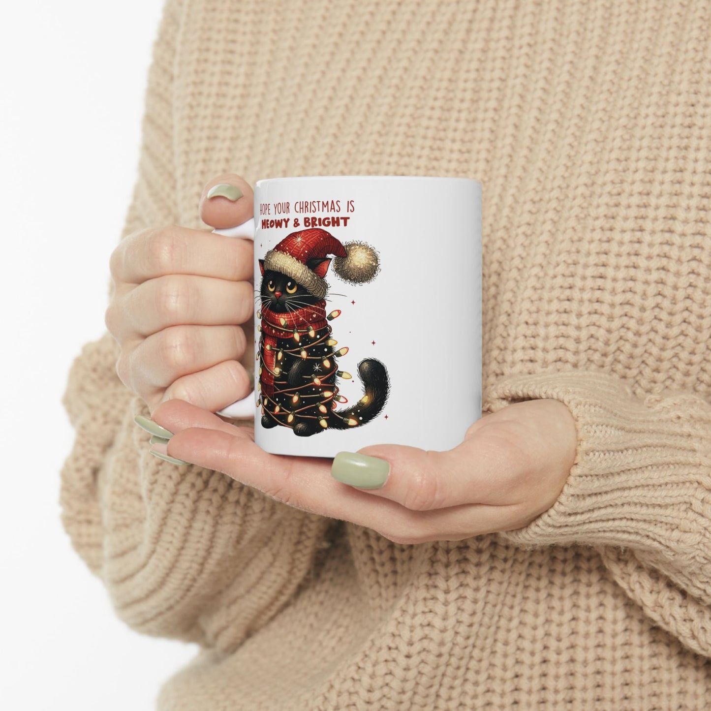 🐾🎄 Meowy & Bright Cat Christmas Mug – Festive Black Cat with Lights & Sass 🎅✨