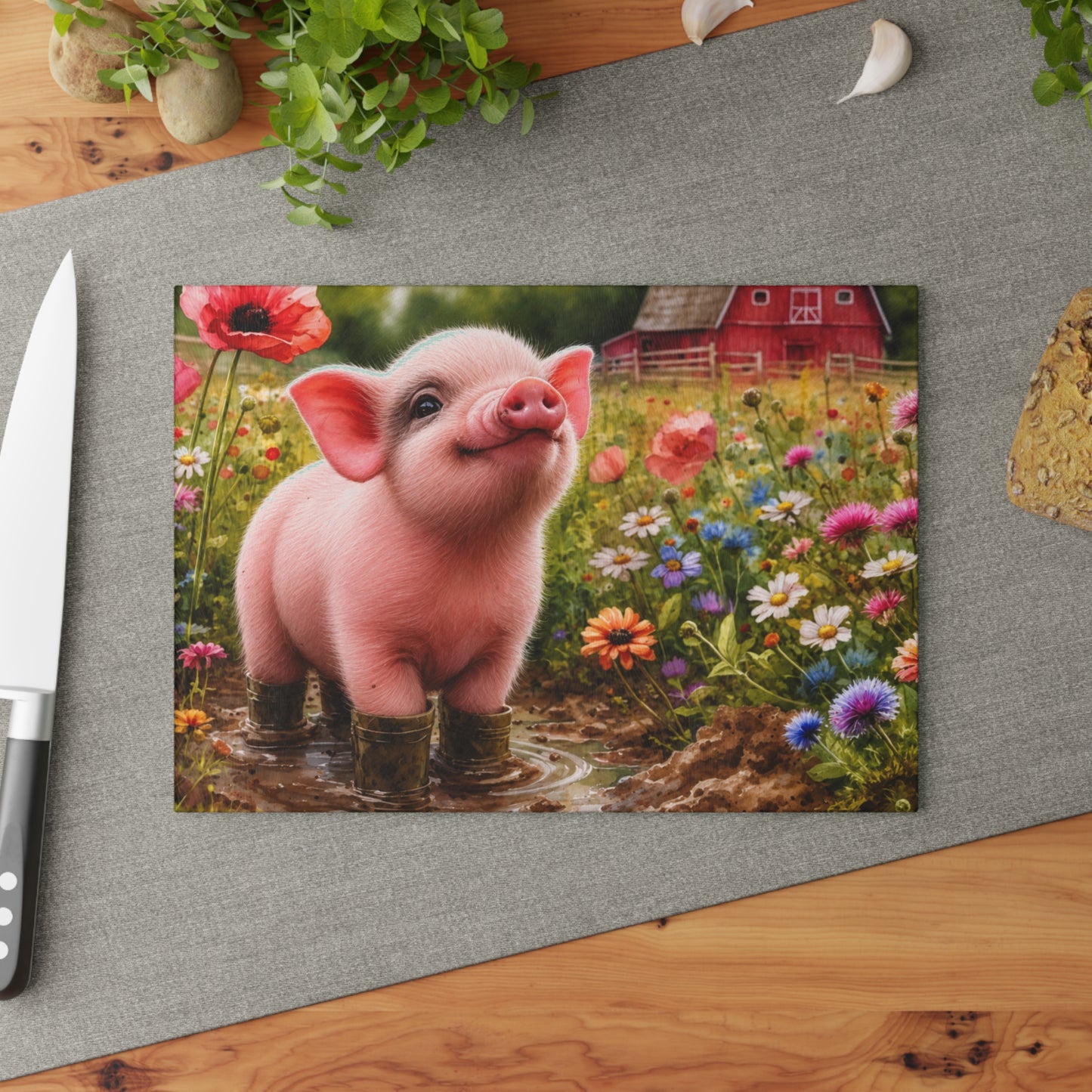 Farm Piglet Glass Cutting Board – Country Charm for Your Kitchen