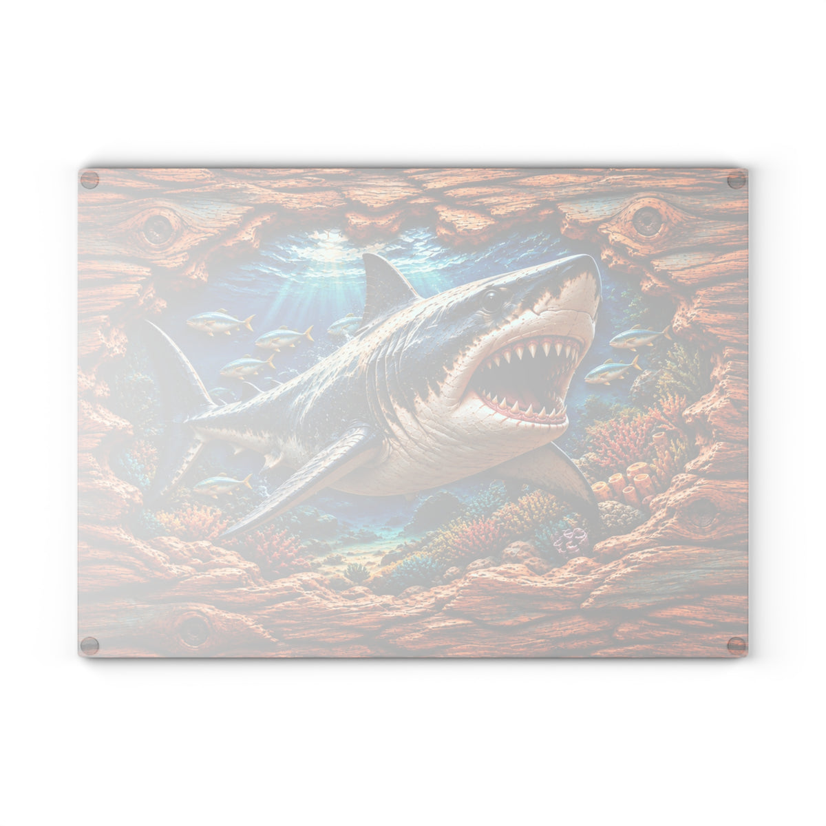 Great White Shark Glass Cutting Board – Fierce Open-Mouth Shark, Tropical Coral Reef & 3D Carved Wood Look