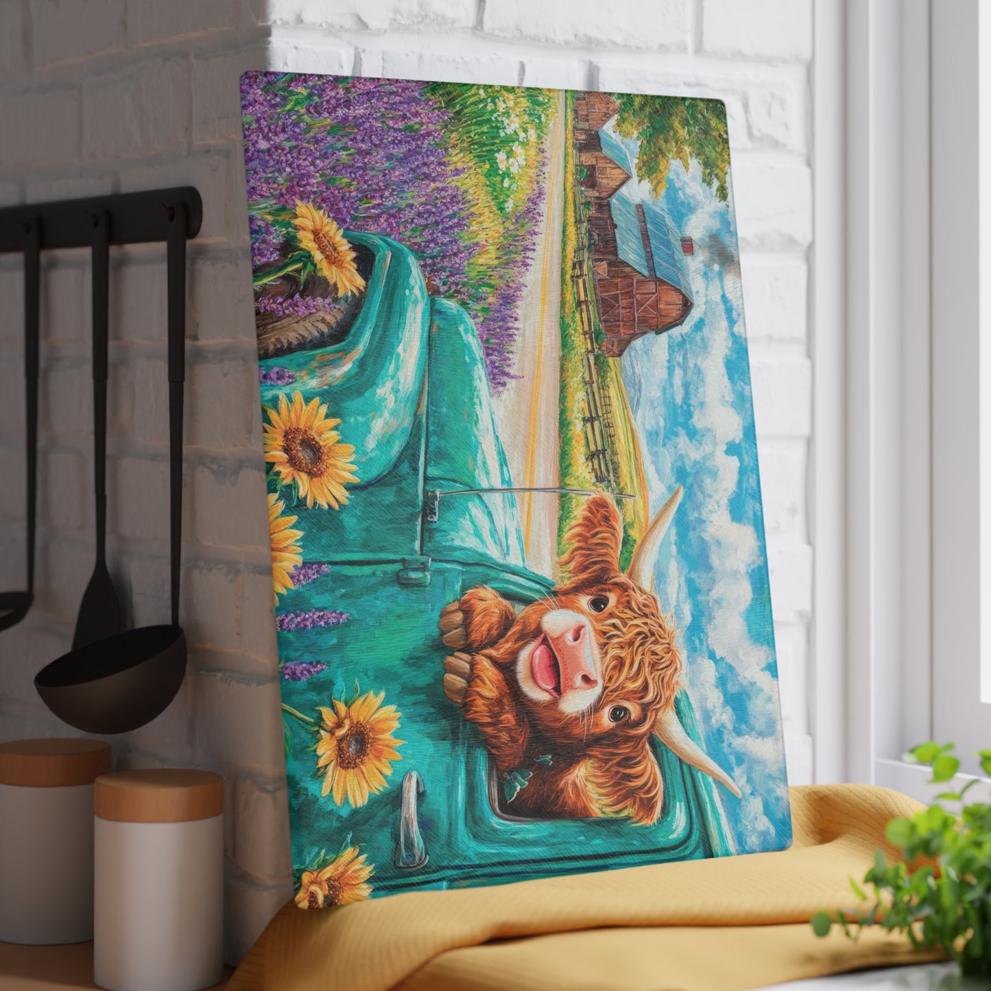 🚜🌻 Baby Highland Cow in Old Truck Glass Cutting Board – Rustic Farm Charm with Sunflowers & Barn 🌼