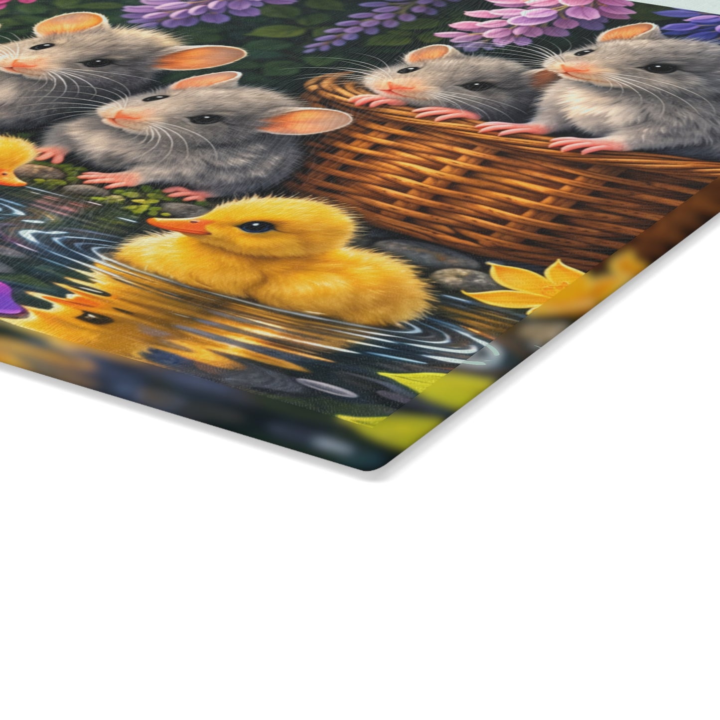 Baby Ducklings and Mice Pond Glass Cutting Board – Whimsical Woodland Garden Artwork