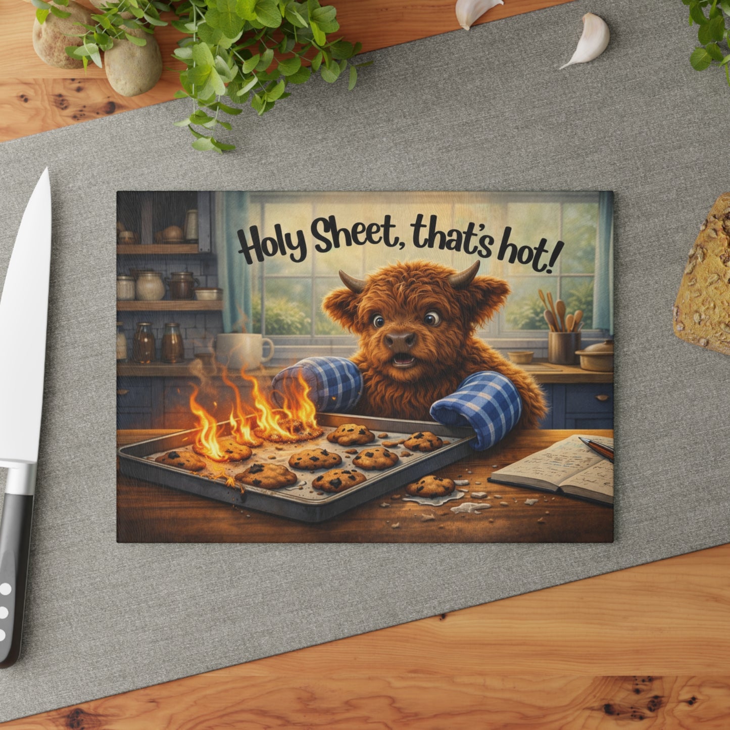 Holy Sheet, That’s Hot! Glass Cutting Board – Funny Highland Cow Baking Art
