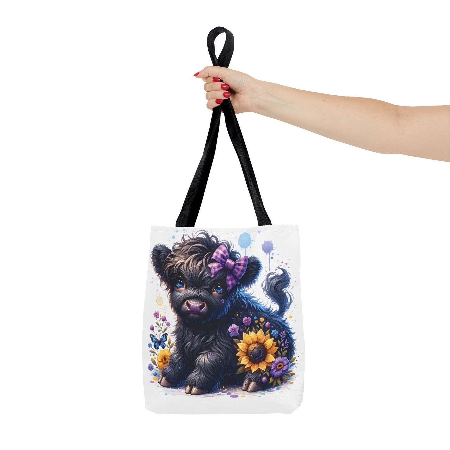 💜 Purple Bow Black Highland Calf Tote Bag – Country Charm with a Pop of Color 🐮👜