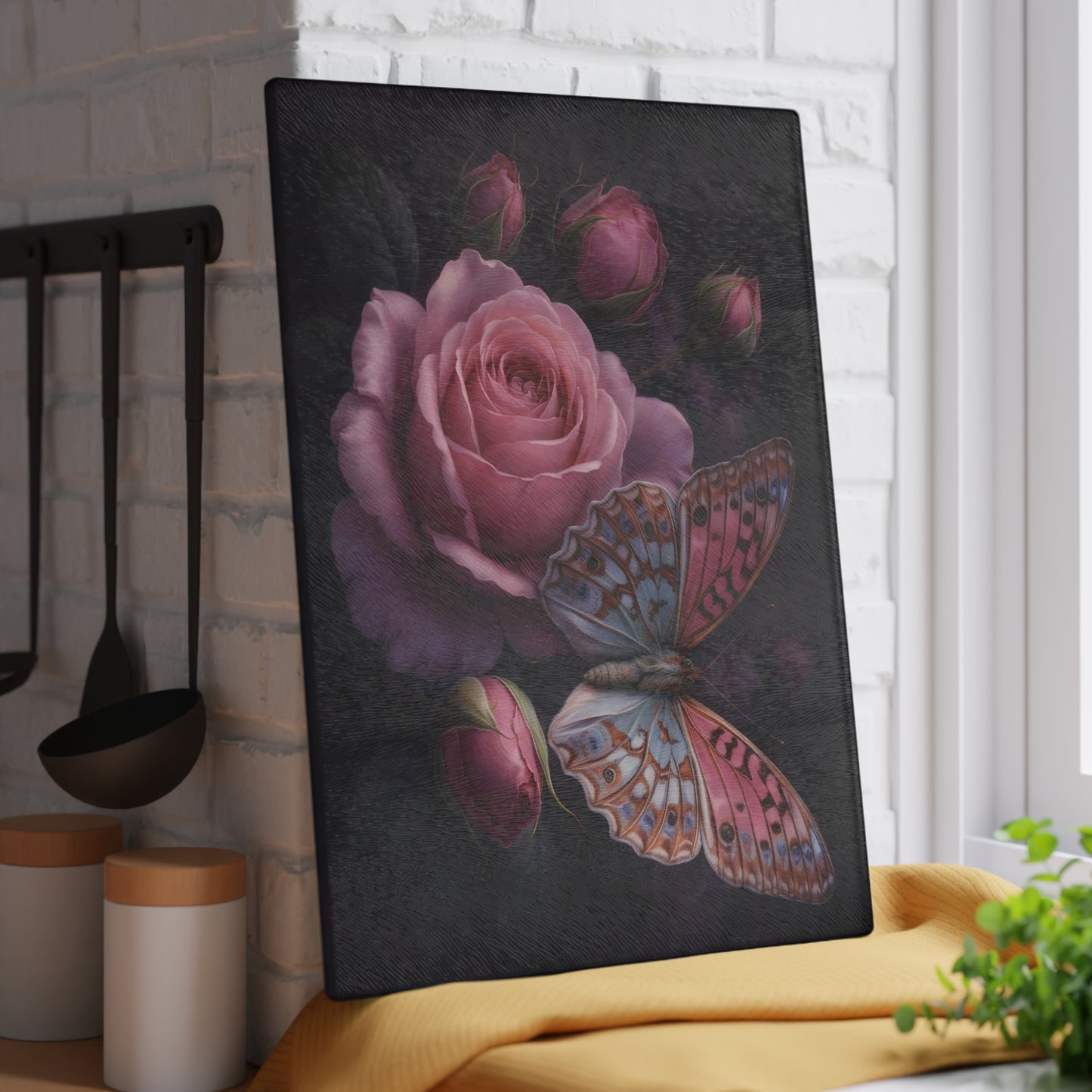 Pink Rose & Butterfly Glass Cutting Board – Elegant Dark Floral Nature Kitchen Décor
