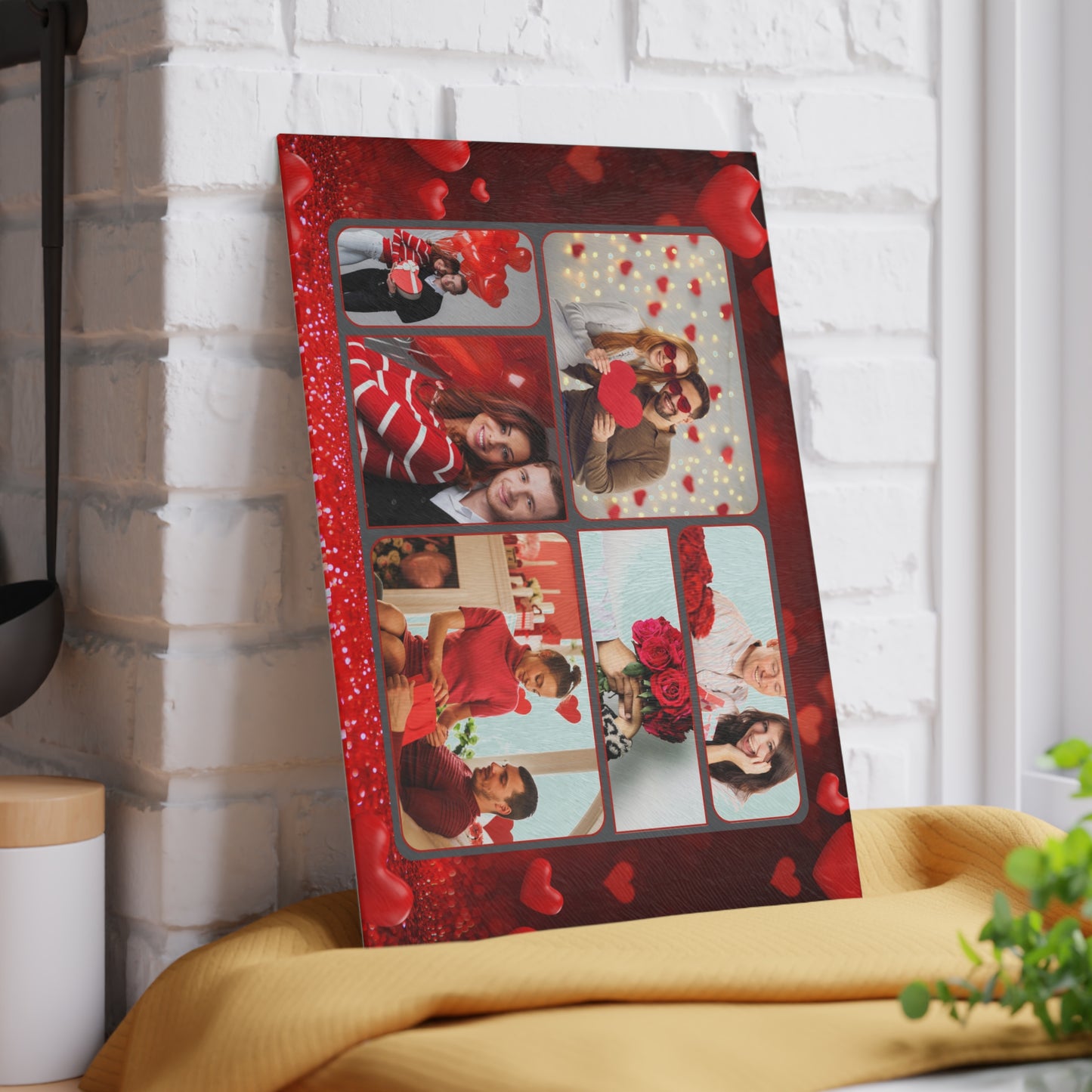 Happy Valentine’s Day Photo Collage Glass Cutting Board – Personalized Romantic Keepsake