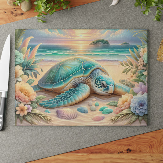 Tabla de cortar con diseño de tortuga marina y flores de playa: un escape tranquilo al océano para tu cocina