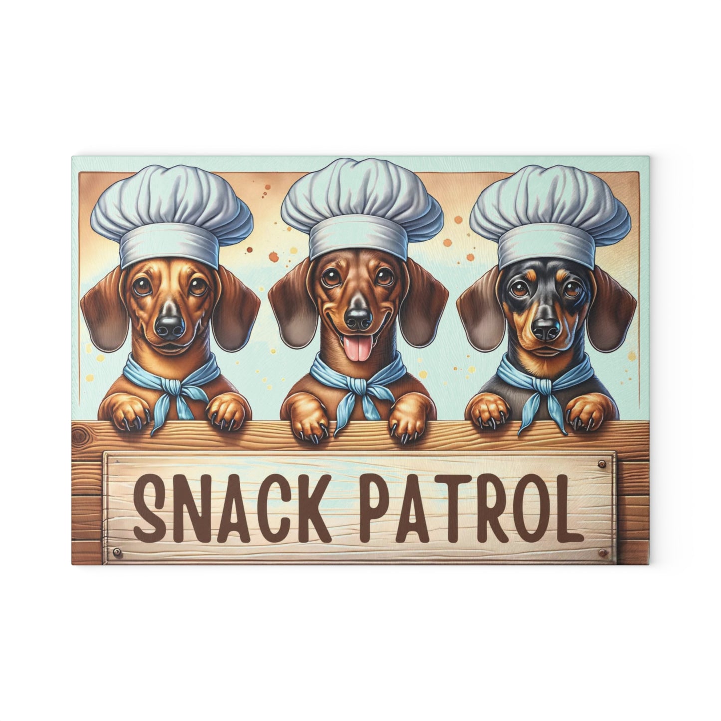 🐾🍪 “Snack Patrol Dachshunds” Glass Cutting Board – Playful Pup Energy for Your Kitchen