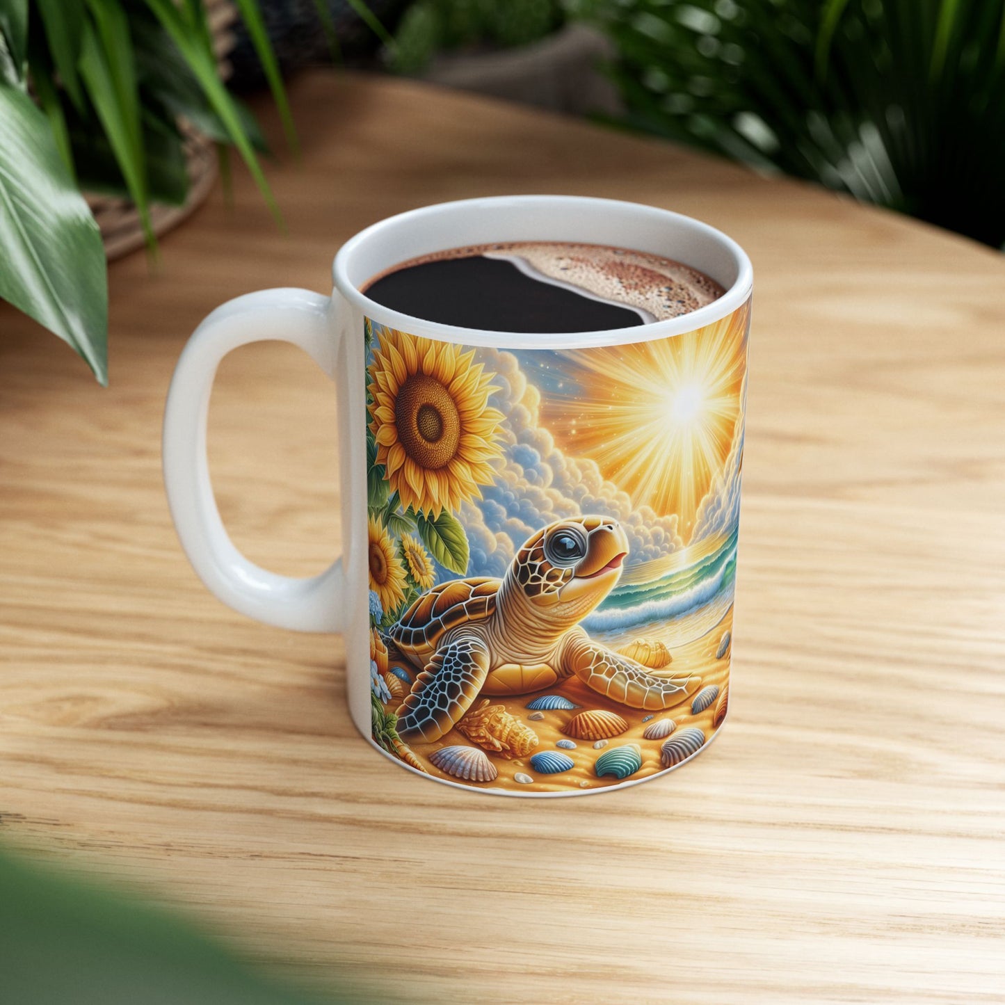 🌻🐢 Personalized Sunflower & Sea Turtle Mug – Coastal Sunshine Coffee Cup 🌊☕