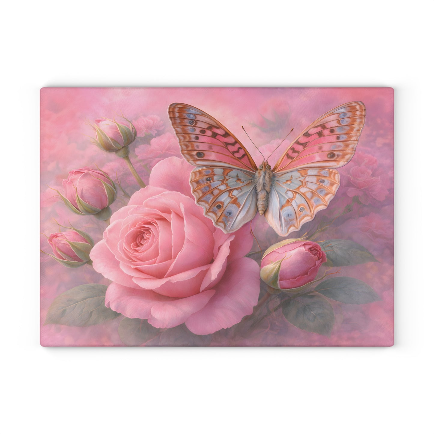 Pink Rose & Butterfly Glass Cutting Board – Romantic Floral Butterfly Kitchen Art