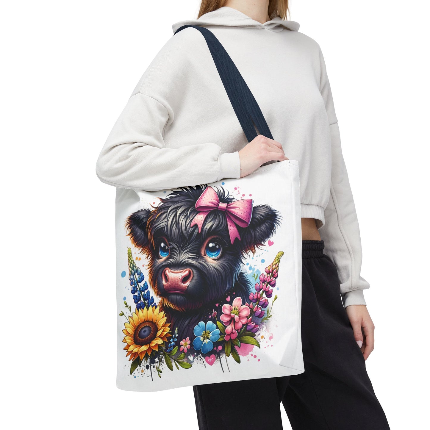 🌸 Black Highland Calf Floral Tote Bag – Sweet Style for Every Age 🐮👜