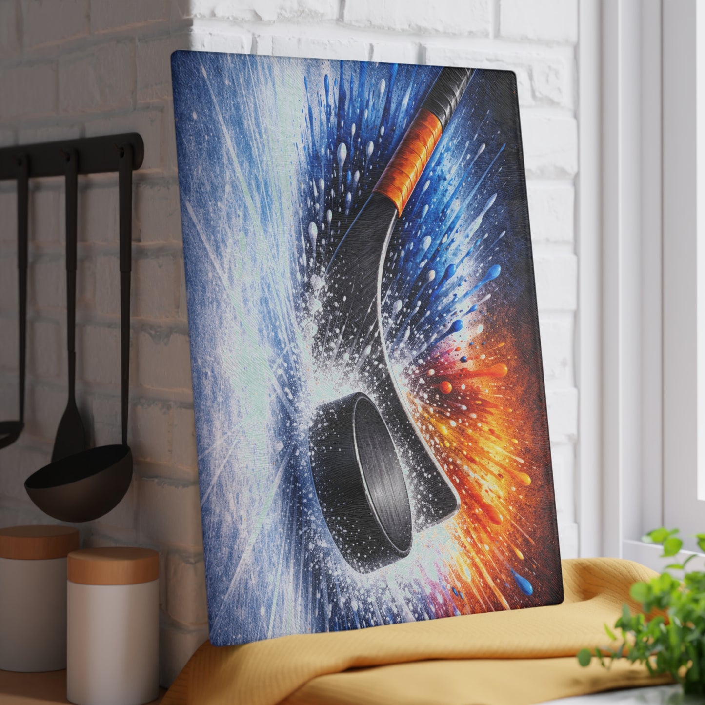 Hockey Stick and Puck Glass Cutting Board – Color Splash Ice Hockey Sports Artwork