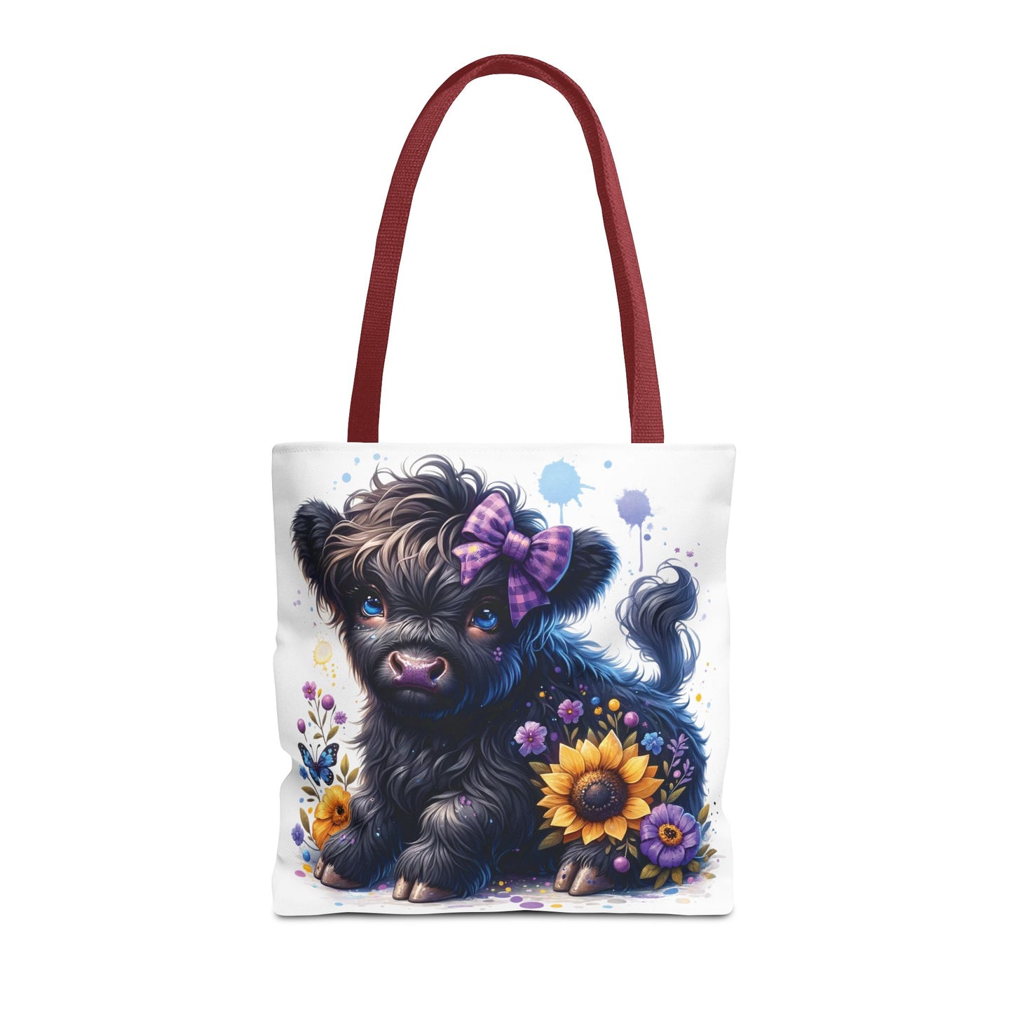 💜 Purple Bow Black Highland Calf Tote Bag – Country Charm with a Pop of Color 🐮👜
