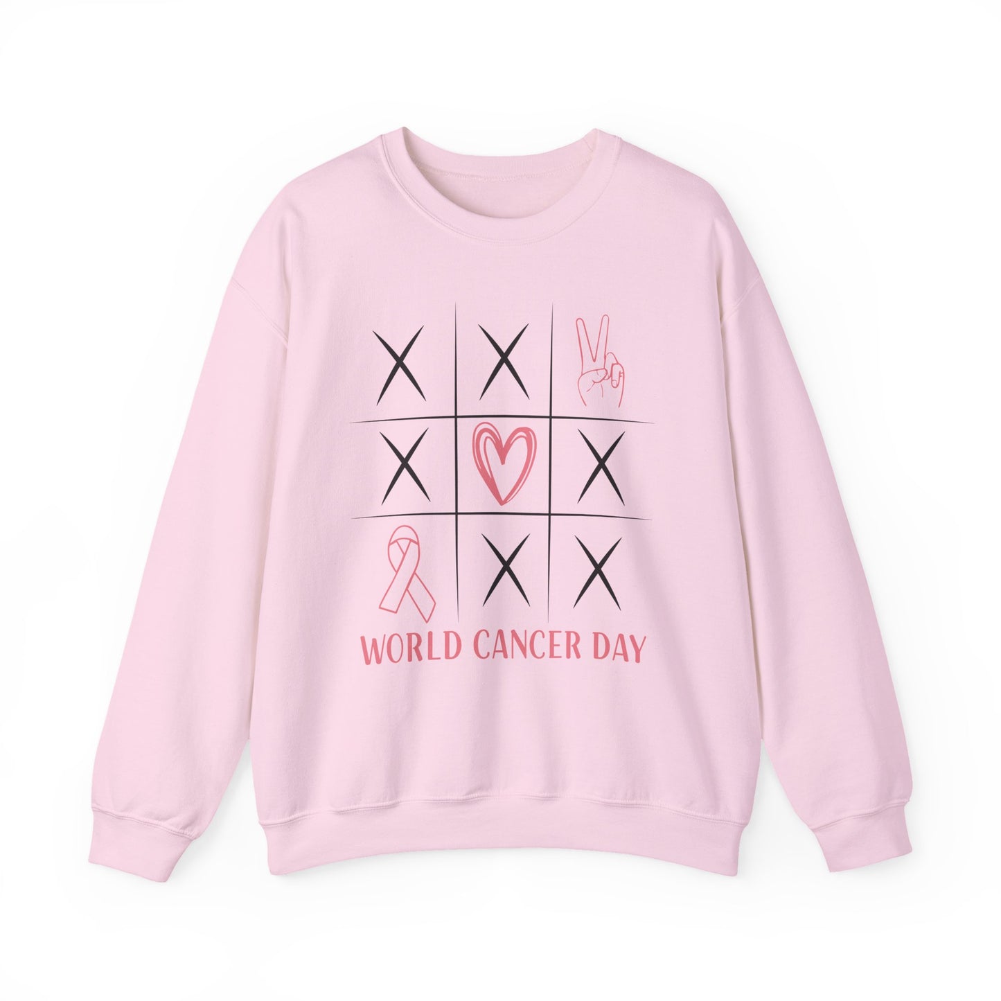 🌍🎗️ World Cancer Day Sweatshirt – Awareness Tic-Tac-Toe Heart & Ribbon