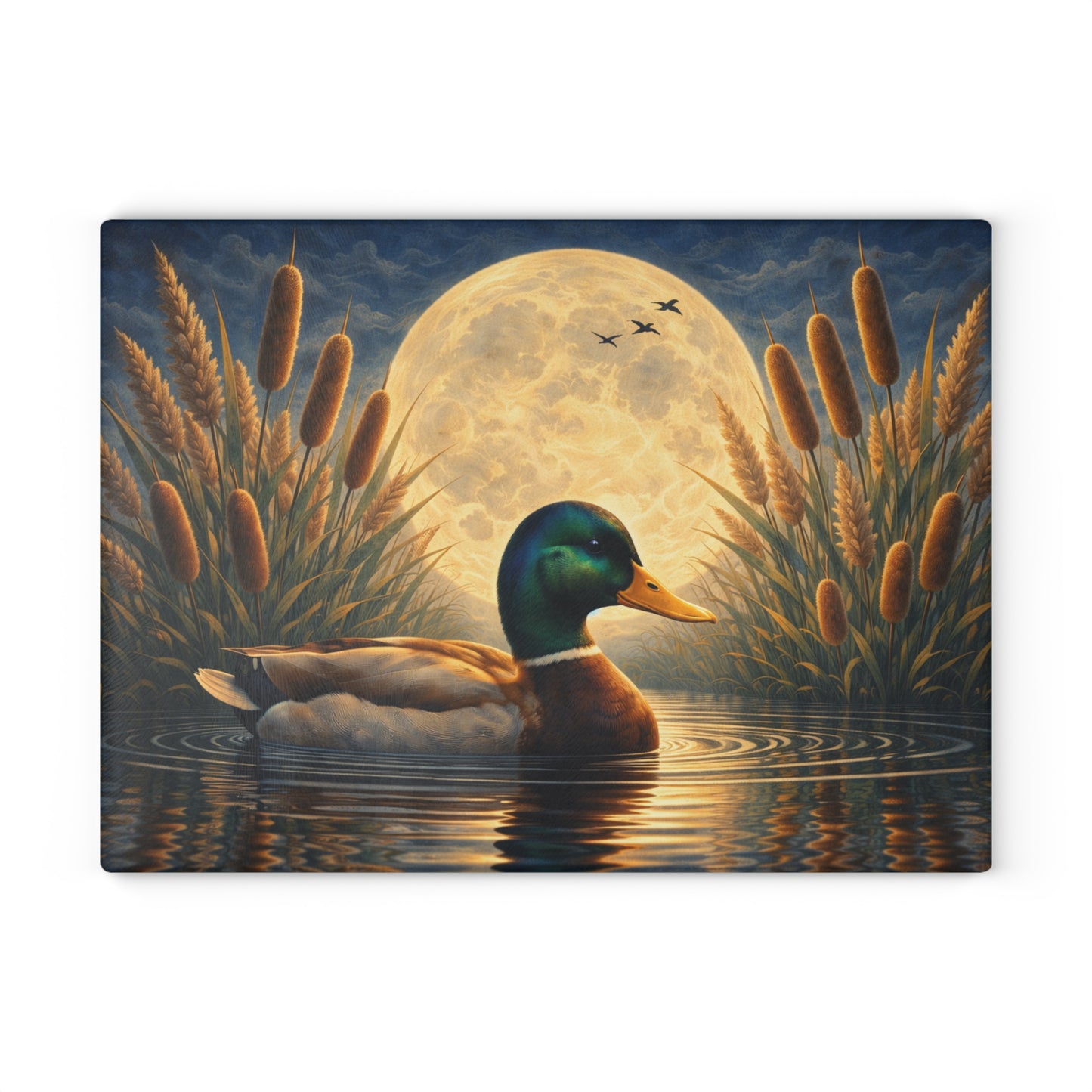 Moonlit Mallard Duck Glass Cutting Board – Peaceful Marsh Wildlife Artwork