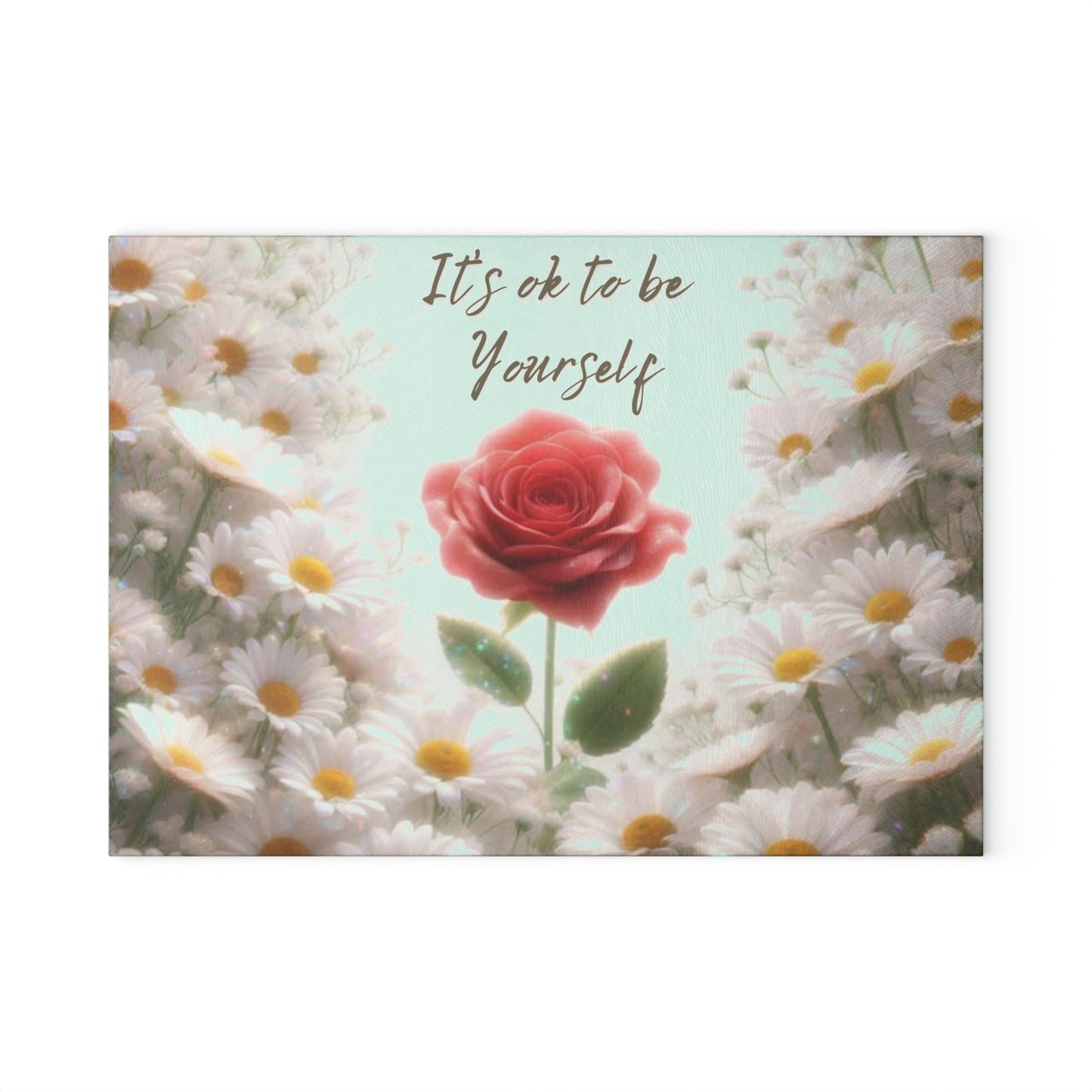 Tabla de cortar de vidrio "Está bien ser tú mismo" - Rosa única en un campo de margaritas, Regalo único, Tabla de cortar de vidrio, Tabla de charcutería, Tabla de cortar personalizada, Flores