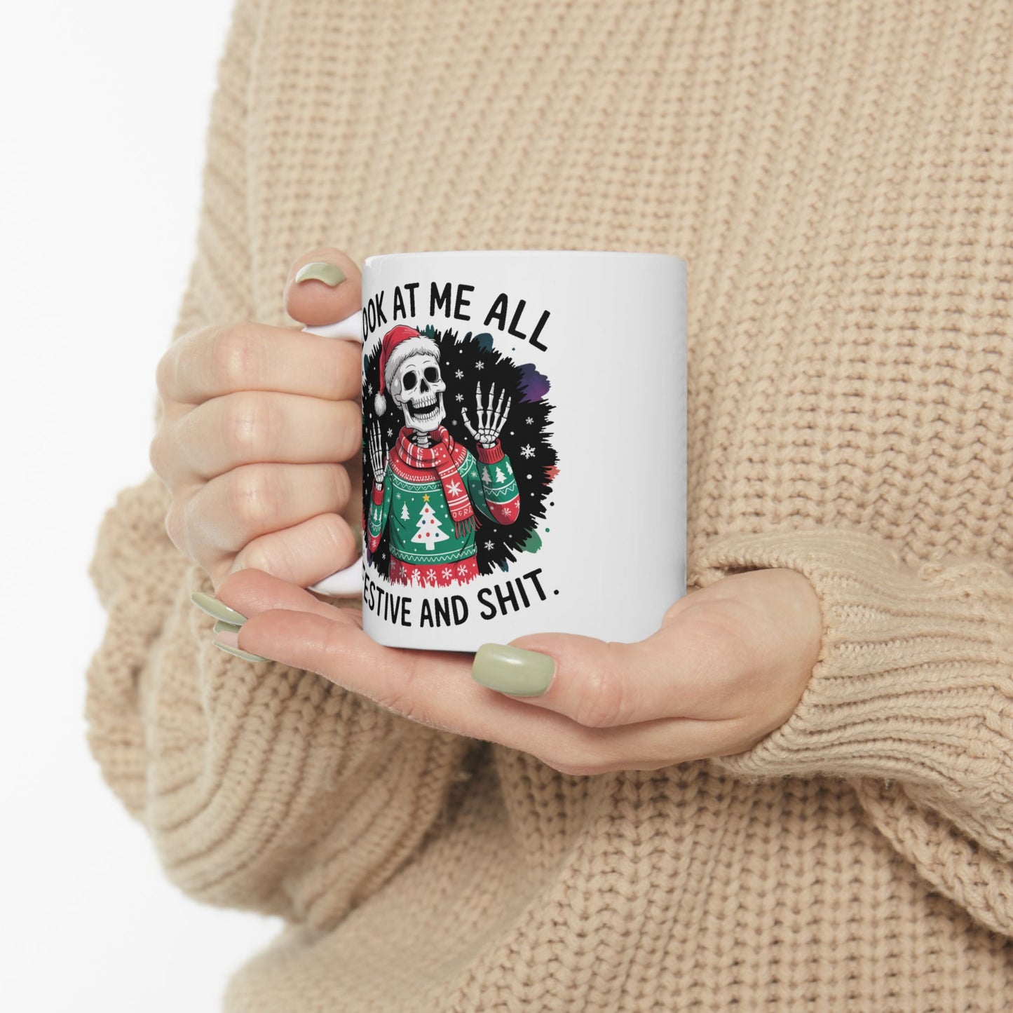 🎄 “Festive and Shit” Skeleton Christmas Mug – Dark Humor Meets Holiday Cheer 💀☕