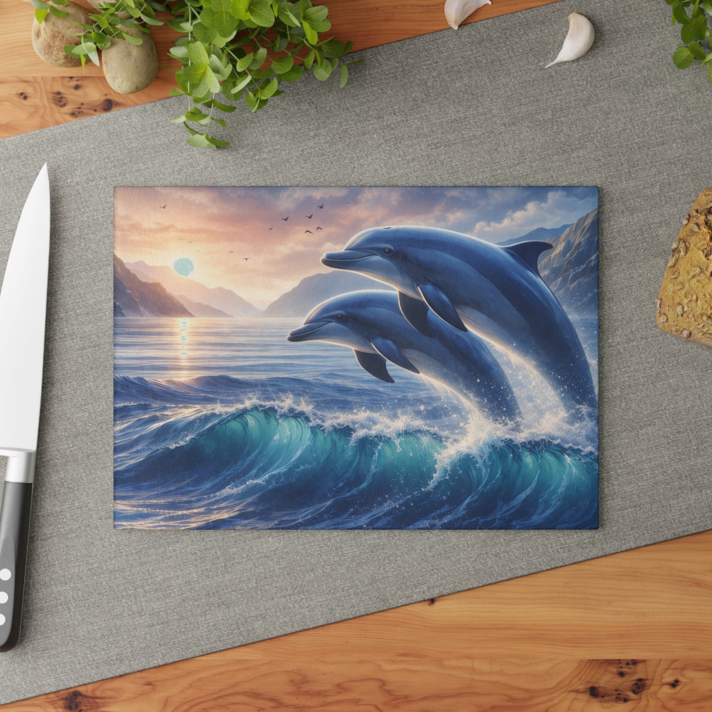 Dolphin Sunset Glass Cutting Board – Ocean-Inspired Artwork with Joyful Dolphins