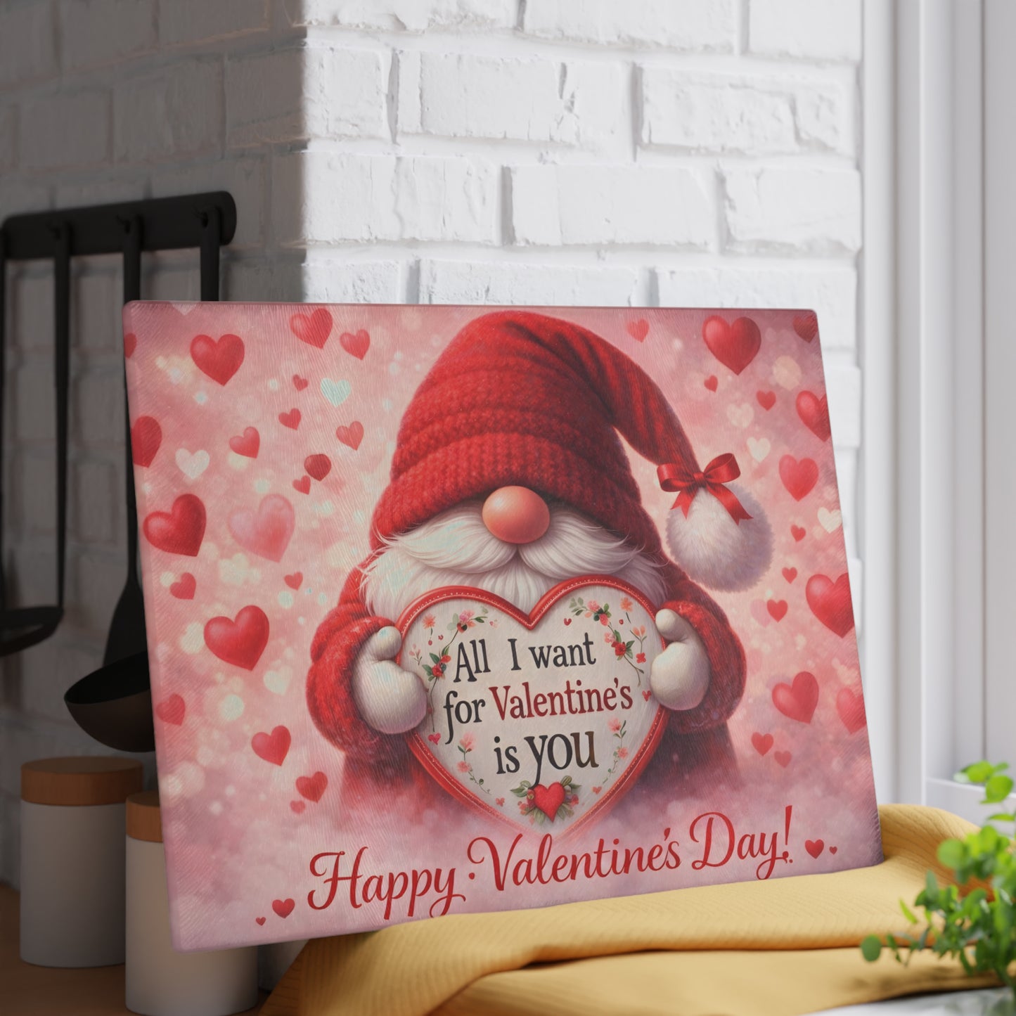 Valentine Gnome Glass Cutting Board – Romantic Heart-Themed Kitchen Décor