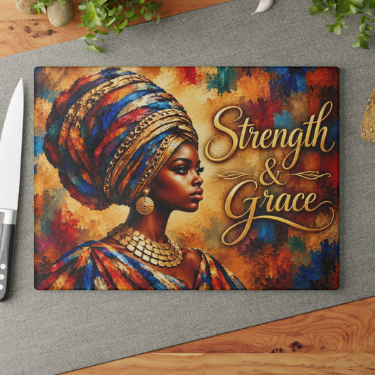 Strength & Grace African Woman Tempered Glass Cutting Board – Colorful Inspirational Portrait – 11 × 15 Inches