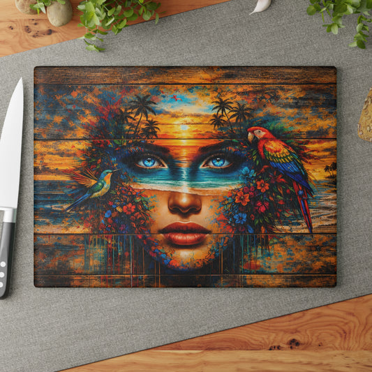 Surreal Coastal Muse Glass Cutting Board – Stained-Glass-Inspired Tropical Art Kitchen Decor