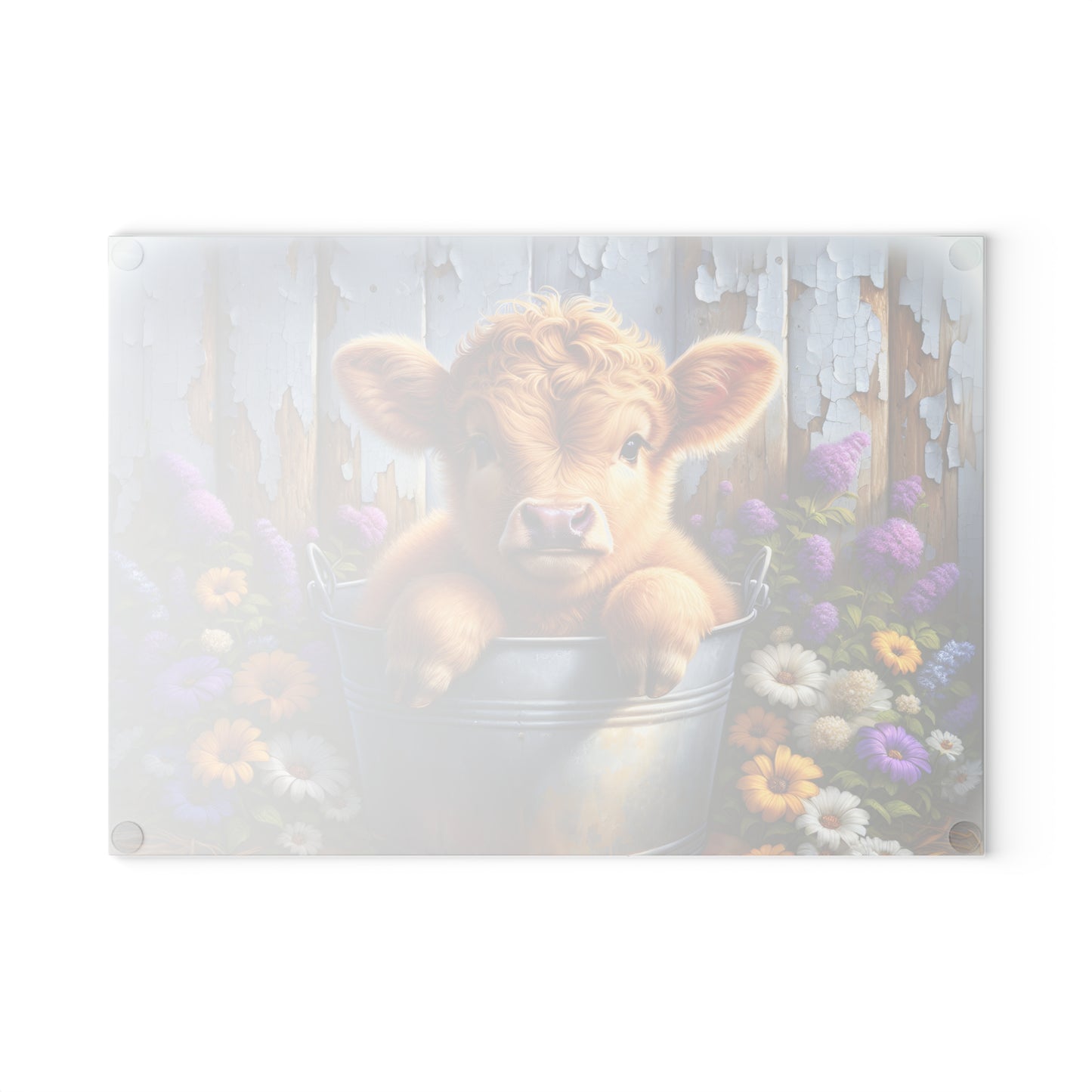 🐮🌸 Baby Highland Cow in Pail Glass Cutting Board – Country Charm with Flowers & Rustic Fence 🌼🪵